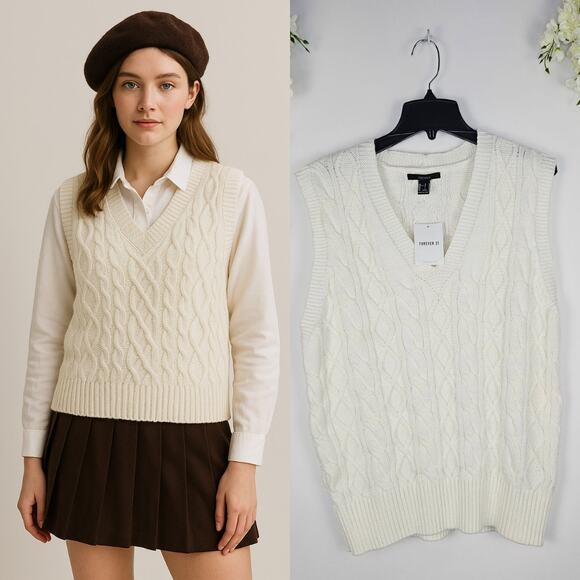 New Forever 21 Wool Blend Cable Knit Sweater Vest Cream Off White Large Preppy - Picture 1 of 12